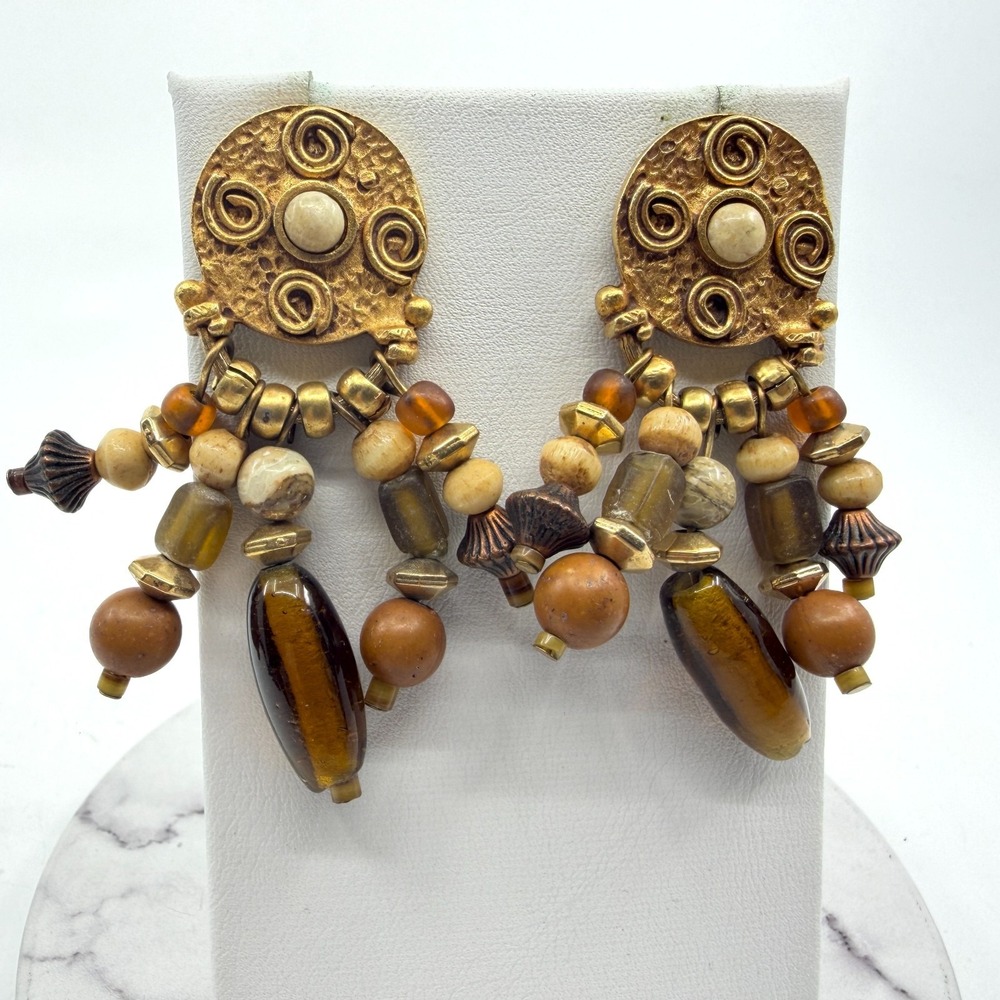 Robert Rose Artisan Gold Tone Spiral Statement Earrings Boho Earth Tone Dangle